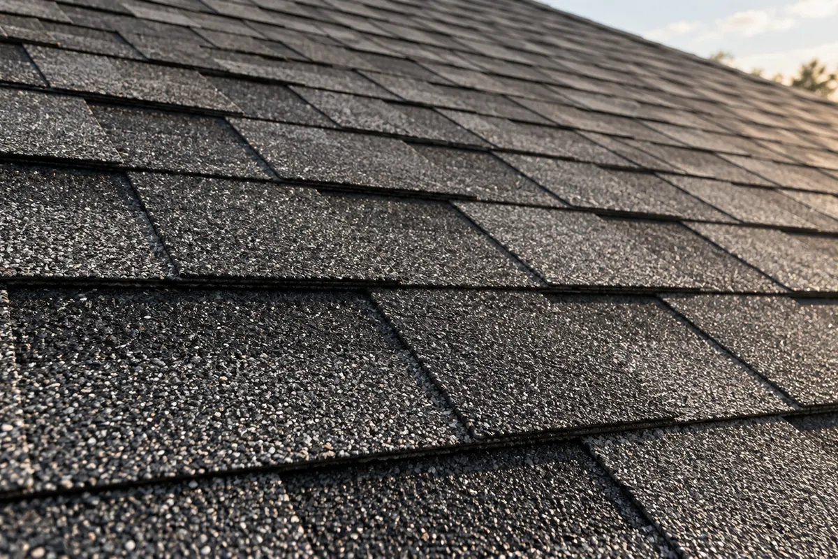 Close-up of asphalt shingles on a roof in warm late-day light