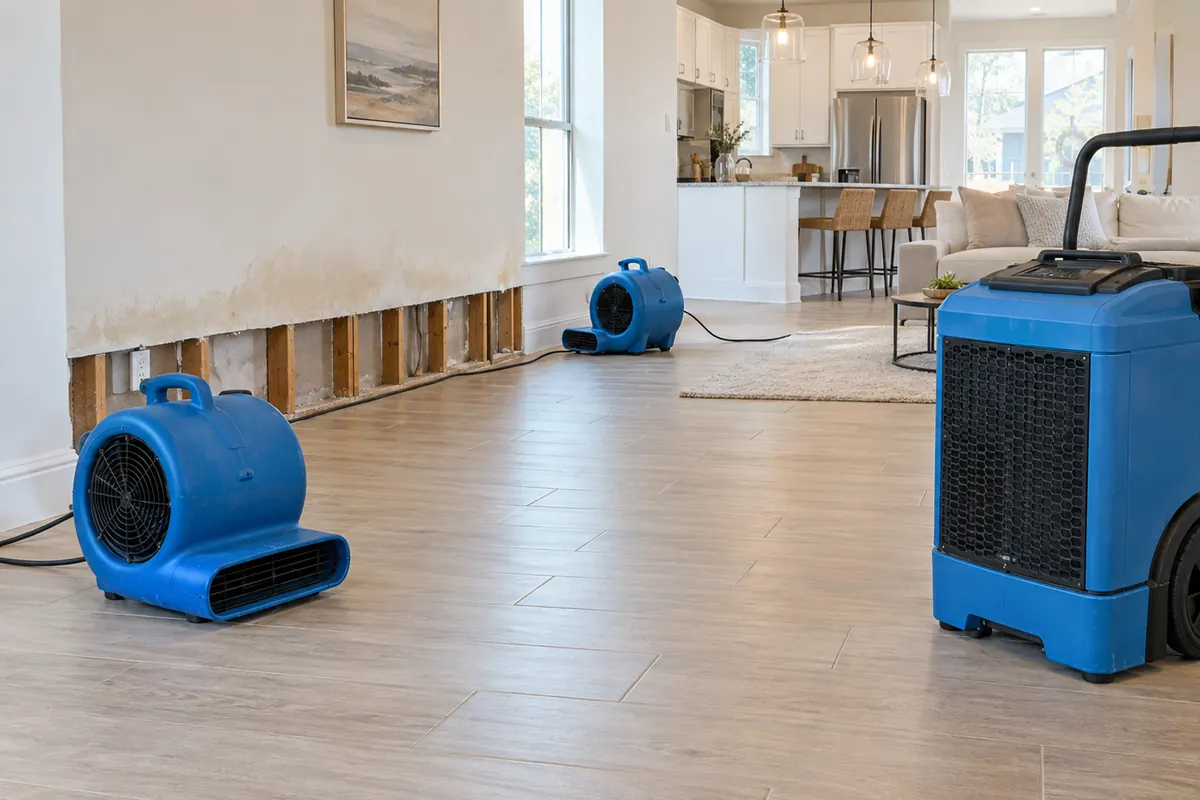 Blue air movers and a dehumidifier drying the interior of a home after water damage